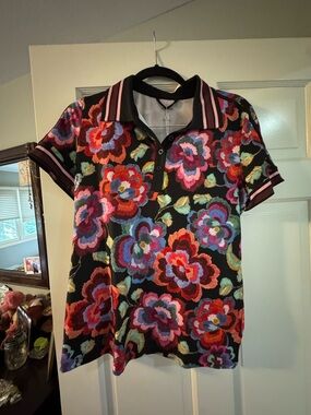 Johnny Was Black Floral Button-Down Polo with Multicolor Blooms Large NWT $165